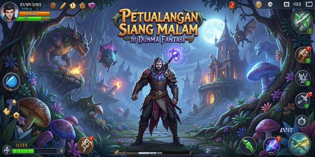 Screenshot gameplay EVIP3 menunjukkan pertarungan epik di dunia fantastis.