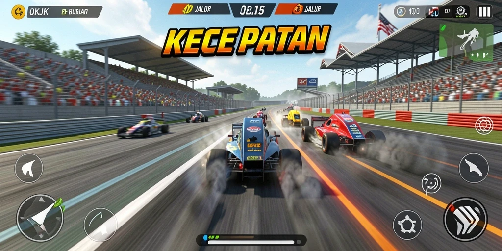 Screenshot gameplay <strong>OKJK</strong> menampilkan mobil balap dalam aksi di trek menantang.